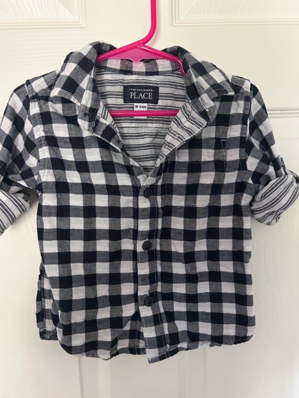 Baby Boys, The Children's Place, Navy & White Check Plaid Button-Down Shirt